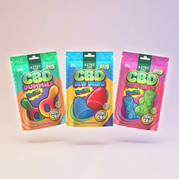 Aztec CBD gummies 900mg 30 pack dummies dew drops fizzy bears THC free edible gummies