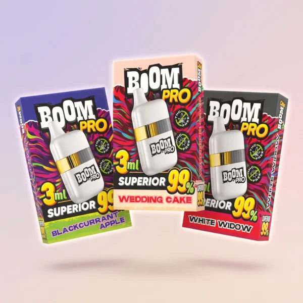 BOOM PRO 3ml disposable vape superior blend 99 percent wedding cake white widow blackcurrant apple flavours