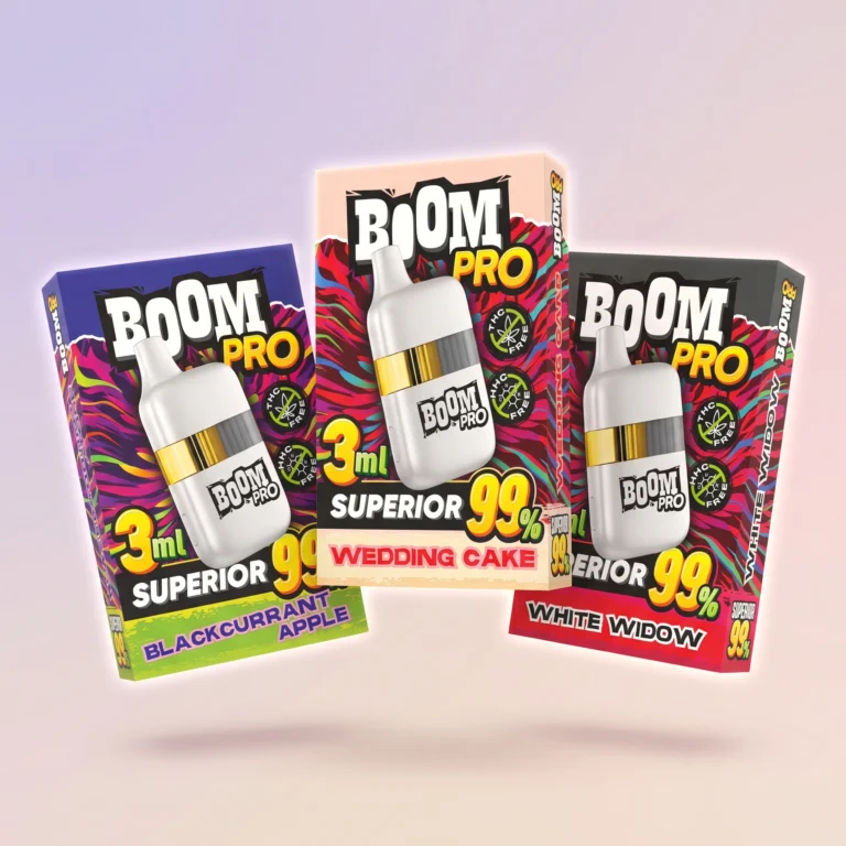 BOOM PRO 3ml disposable vape superior blend 99 percent wedding cake white widow blackcurrant apple flavours