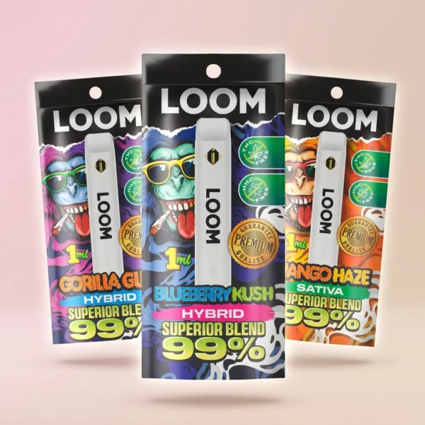 LOOM 1ml disposable vape superior blend 99 percent blueberry kush gorilla glue mango haze flavours